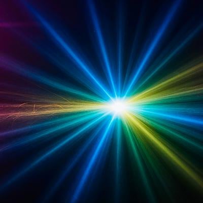 虹色に輝く光線が放射状に広がる光跡エフェクト背景の写真