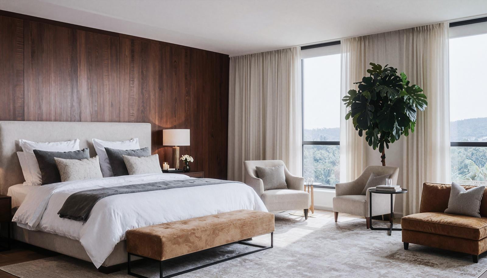 高級ホテル風客室のダブルベッドとラグジュアリーなインテリア配置