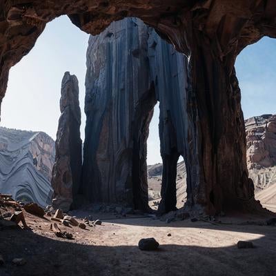 柱状節理の岩壁に囲まれた洞窟内部、黒褐色の石柱群が織りなす地下空間の写真