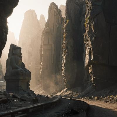 積み重なった巨大な断崖に囲まれた古代遺跡風景と石造の彫像の写真