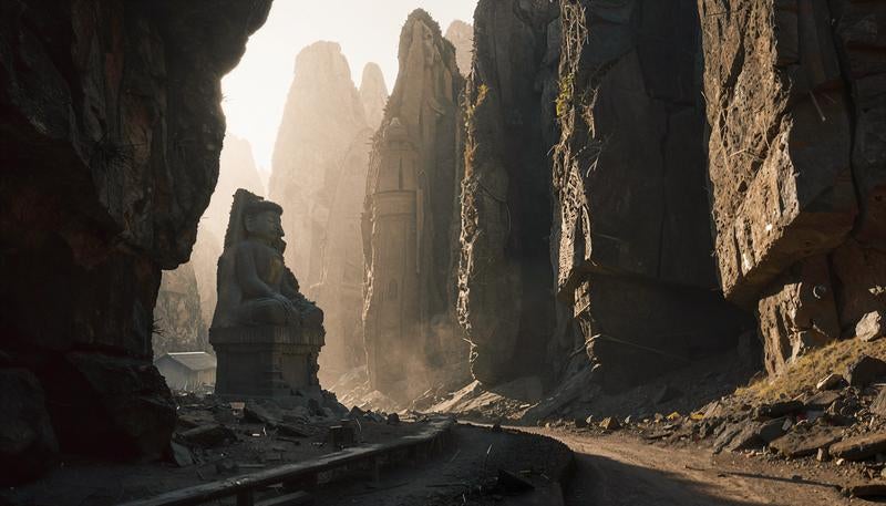 積み重なった巨大な断崖に囲まれた古代遺跡風景と石造の彫像