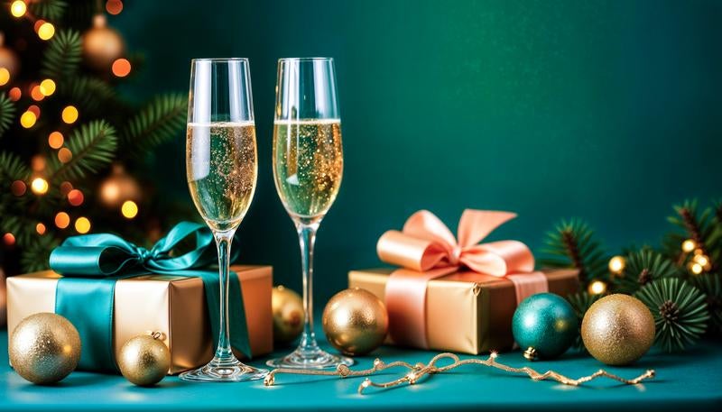 シャンパングラスとクリスマスプレゼント
