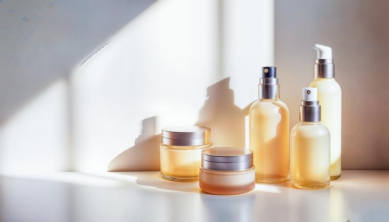 自然光が差し込むスキンケアボトルとクリーム容器