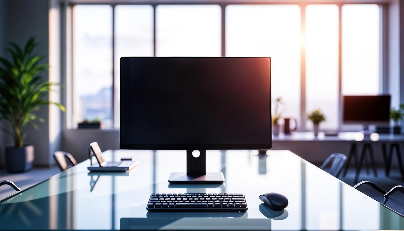 Powered-off monitor and keyboard placed on a glass office desk with sunset light streaming in