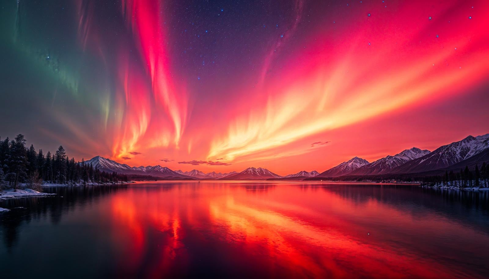 赤いオーロラが夜空に広がり雪山と湖面に映り込む冬の夜景のAI画像