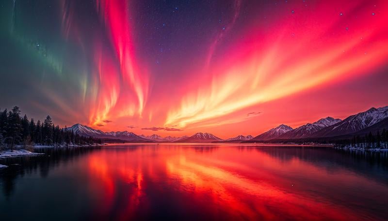赤いオーロラが湖面に映る雪山の夜景
