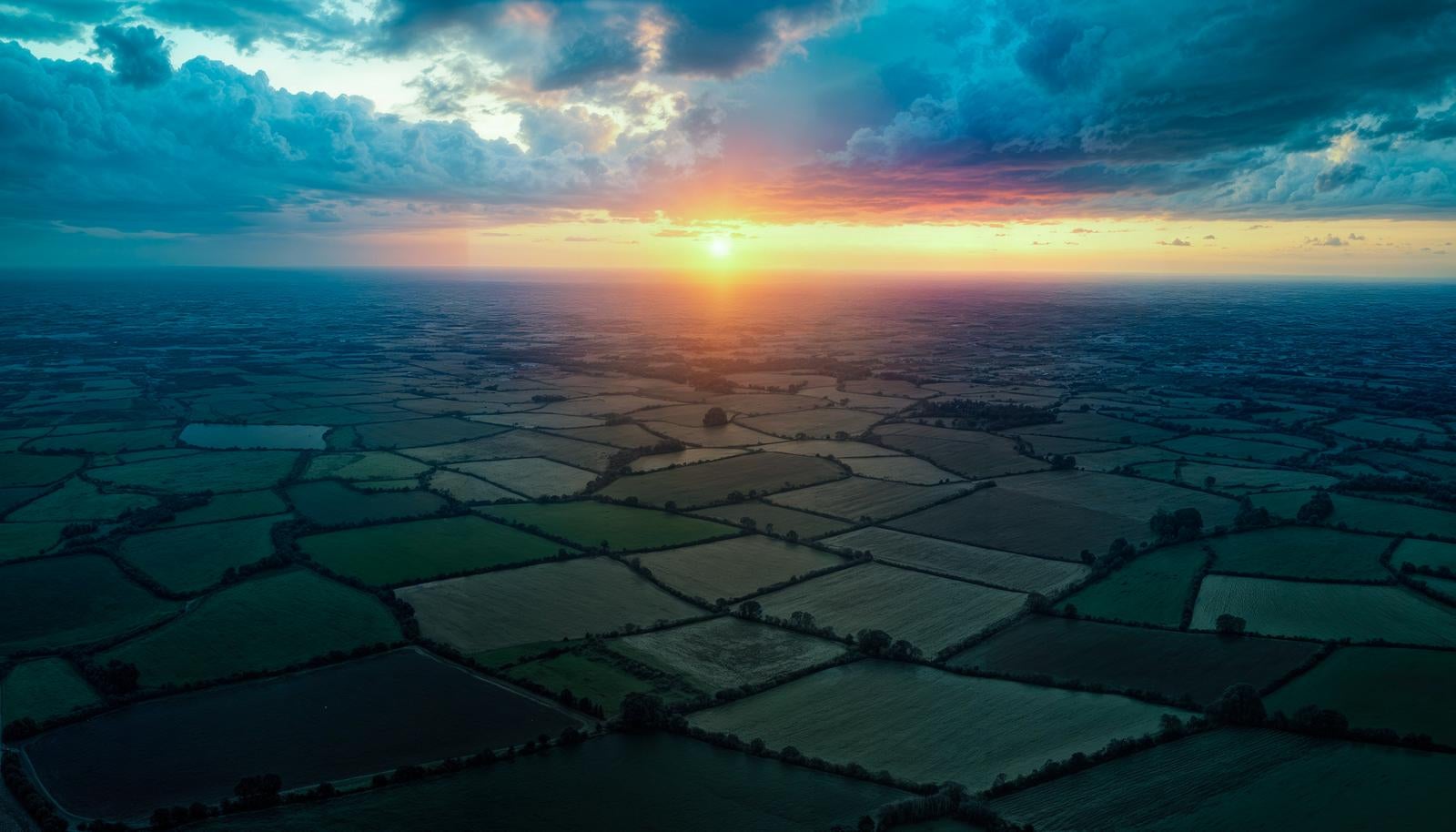 夕焼け空の下に広がる緑の田園地帯を上空から俯瞰したAI生成画像