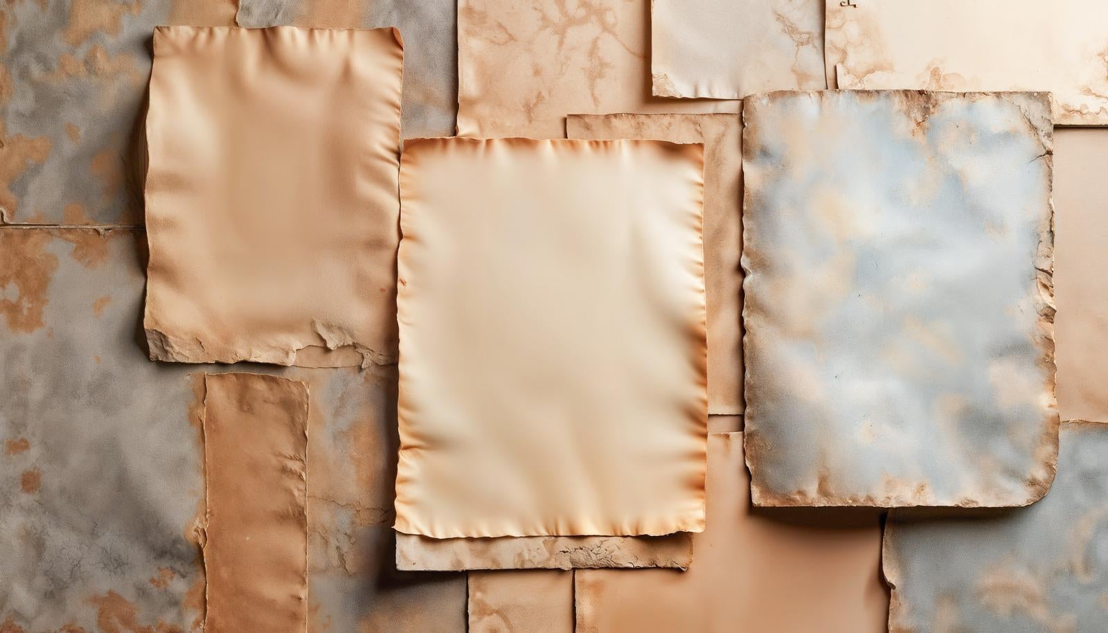 壁一面に古びたベージュの紙片が何枚も重なるように貼られたテクスチャー