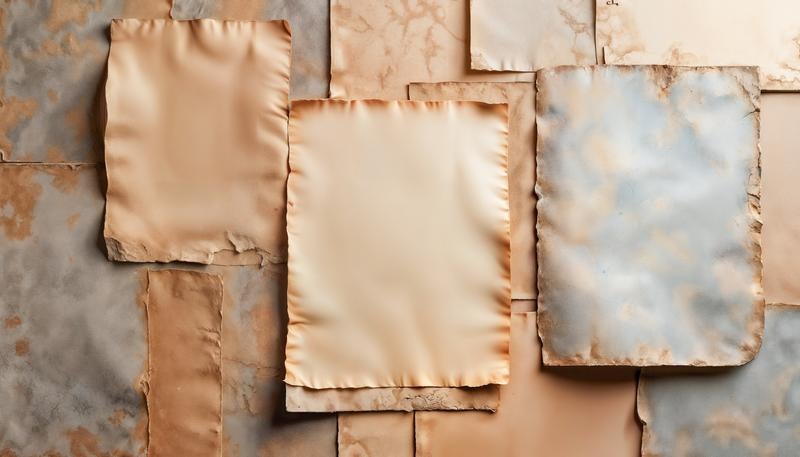 壁に重ねて貼られた古い紙片の写真