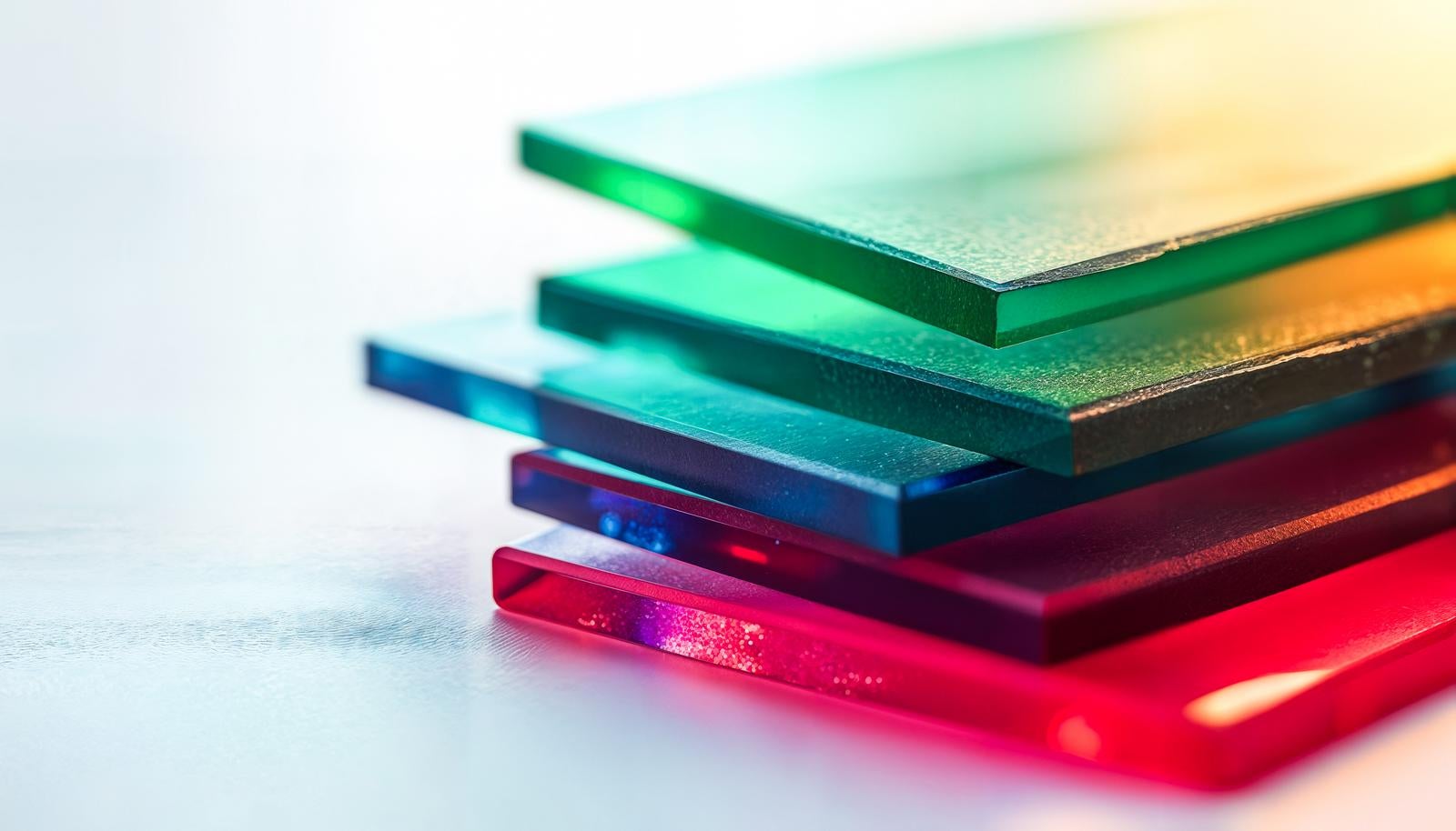 赤・青・緑のカラーガラス板を重ねたクローズアップ、白い背景に断面が光る