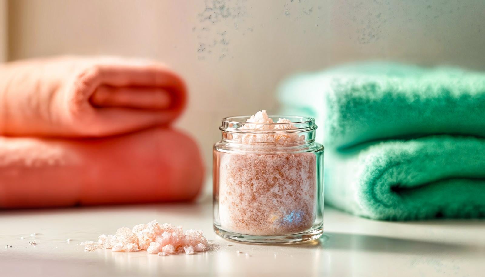 ピンク色のバスソルトが入ったガラス瓶とコーラルピンク、緑色のバスタオルが並ぶ入浴剤のセルフケアイメージ