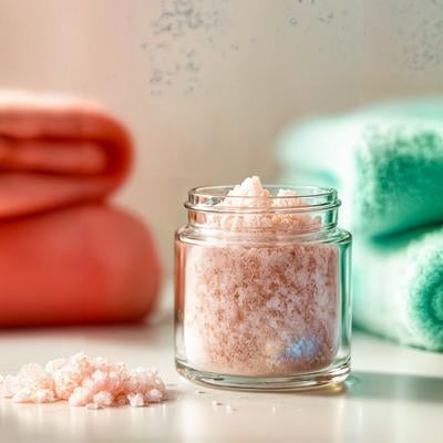 バスタオルに囲まれたピンク塩の瓶とスキンケア用品のスパ風の写真