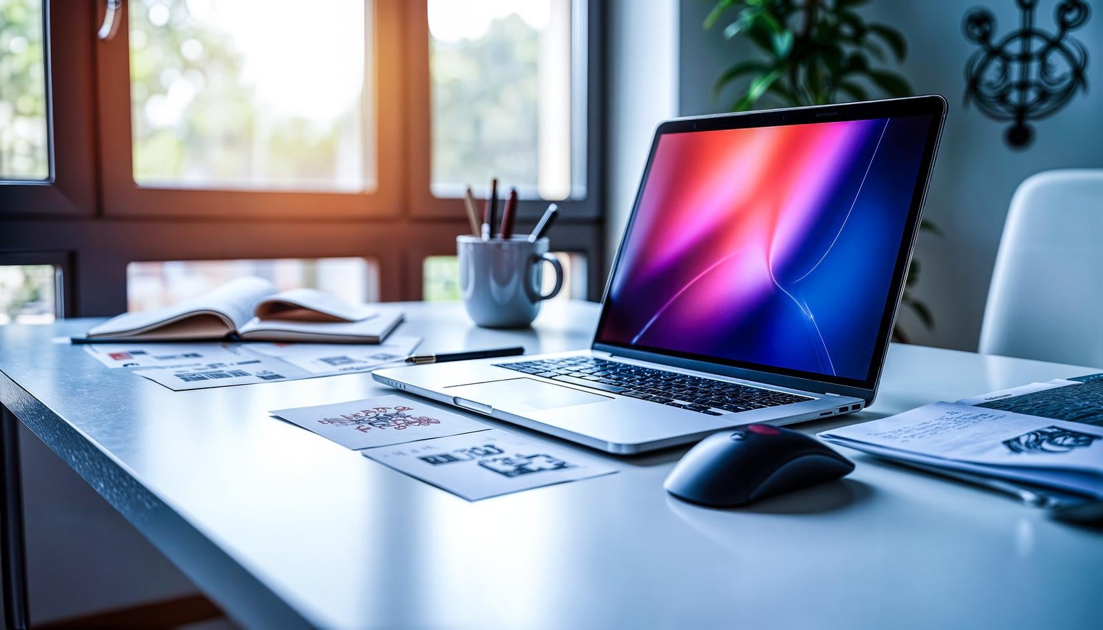 Desk with silver laptop, documents, and coffee cup on white table