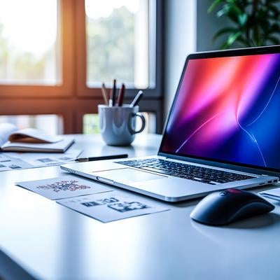 カラフルなグラデーション背景を映すノートパソコンが置かれたオフィスデスクの写真