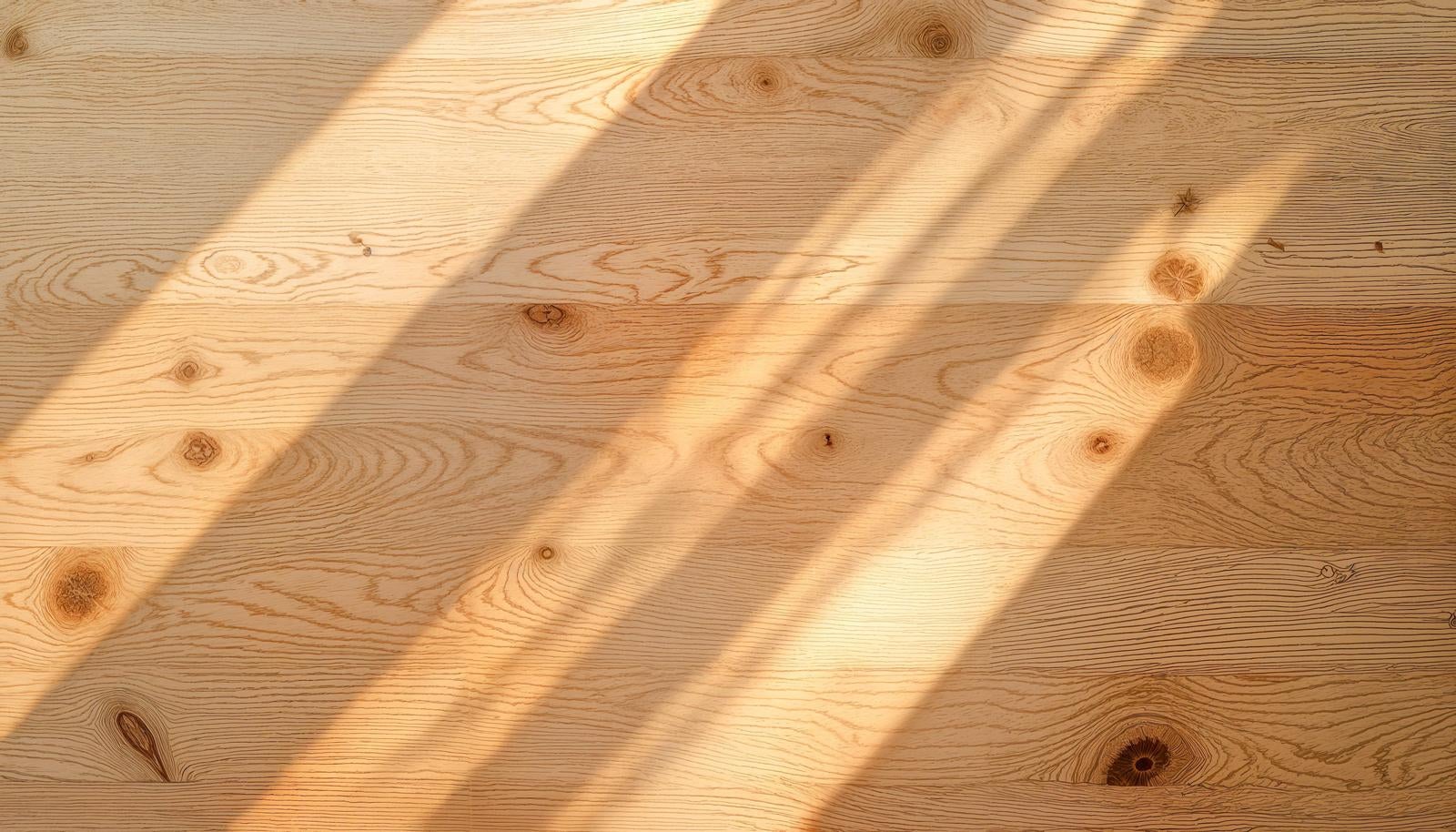 明るい色の木目の板に斜めの日差しが差し込み、光と影の筋が落ちているテクスチャー