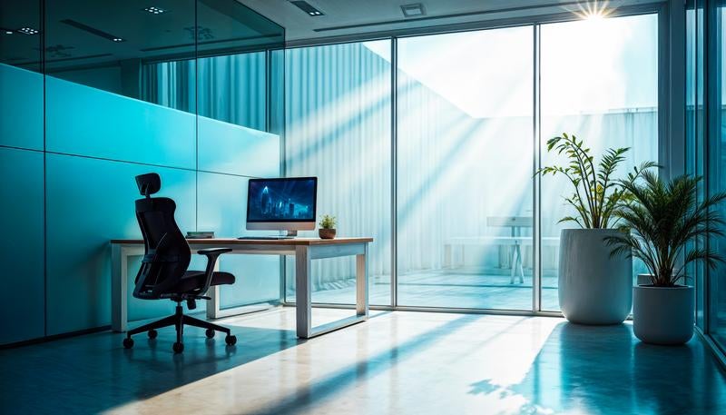 日差しが差し込むオフィスのデスク