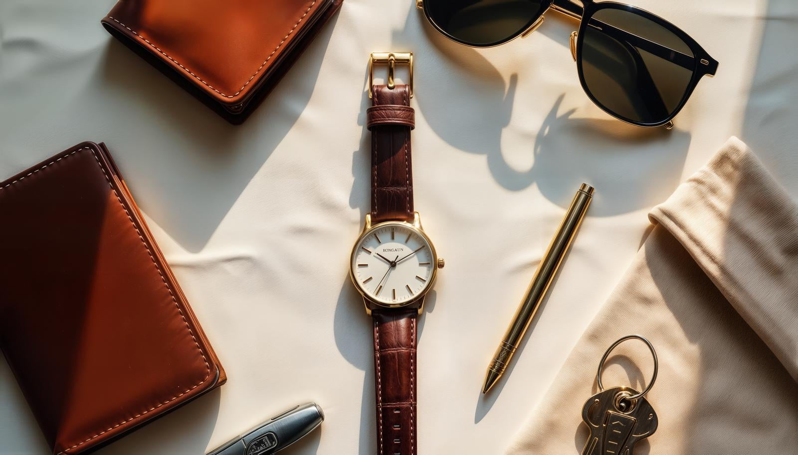 白い布の上に腕時計・革財布・サングラス・ボールペン・鍵が並ぶメンズ小物のフラットレイ