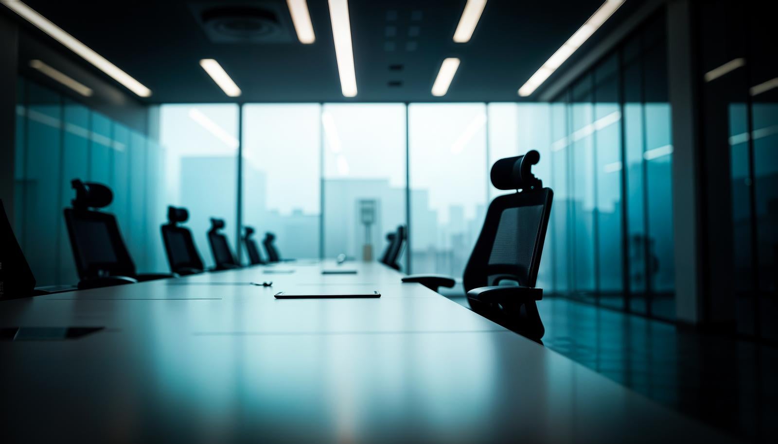 青暗いトーンの中、誰もいない会議室にオフィスチェアとテーブルが並ぶ不気味な光景