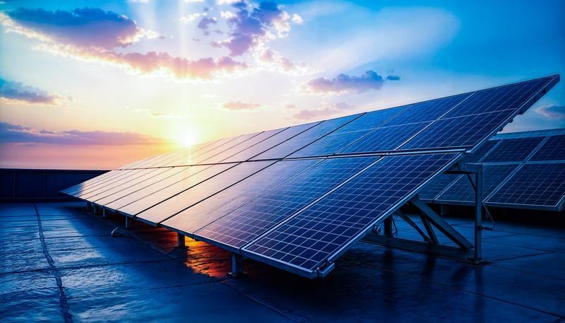 夕日に照らされるソーラーパネルの写真