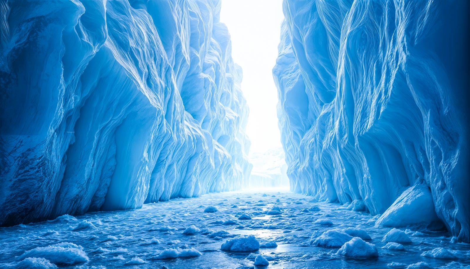 左右に青い氷の壁がそびえる氷河の裂け目の奥から白い光が差し込むAI画像