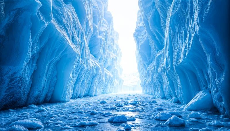 青い氷壁に囲まれた氷河の裂け目の写真
