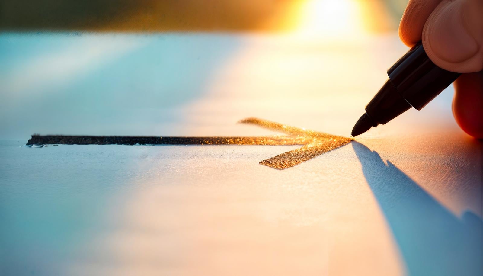Close-up of a hand drawing a golden arrow with a pen on white paper