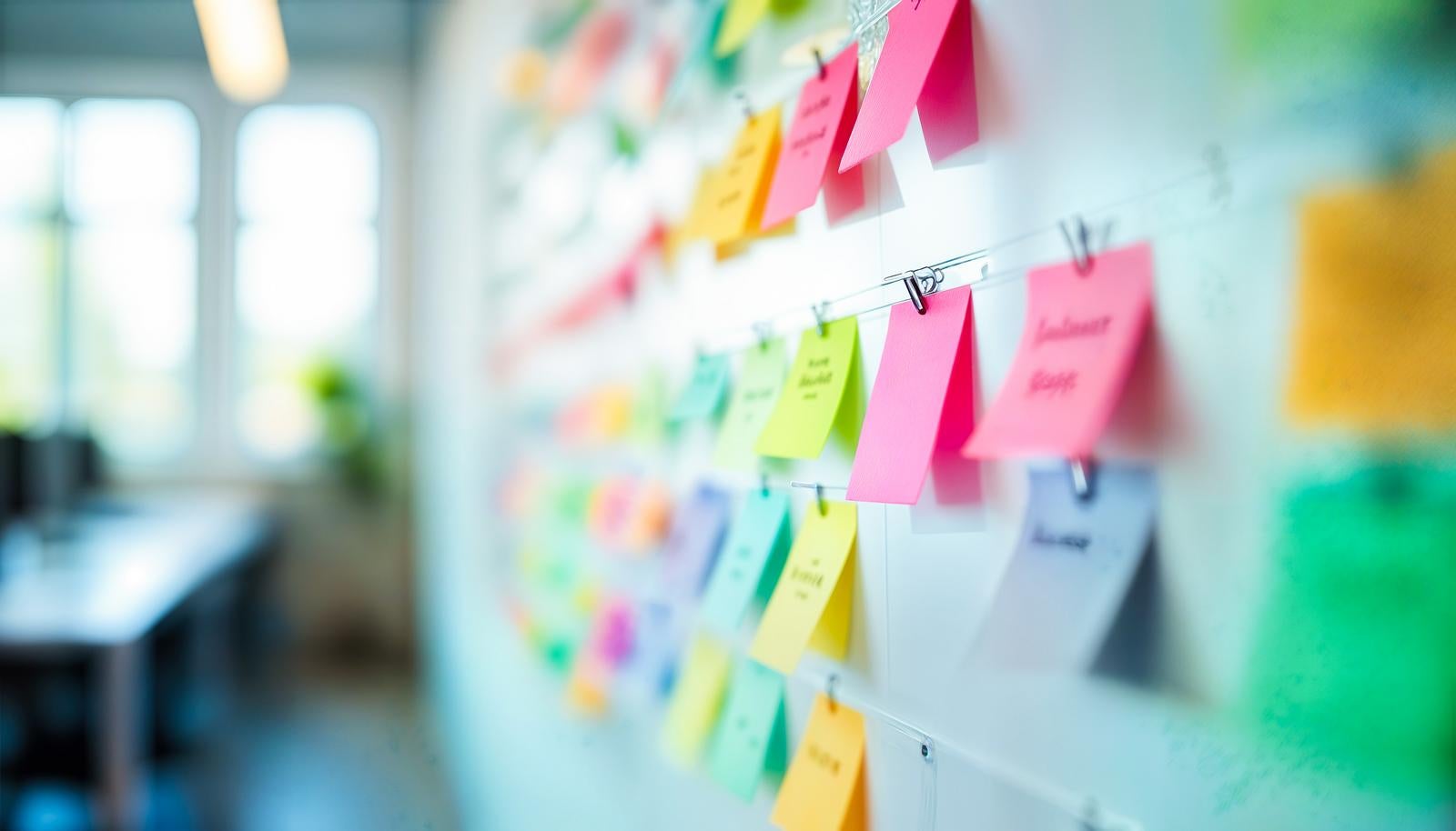A whiteboard in an office with many colorful sticky notes in pink and lime green arranged on it