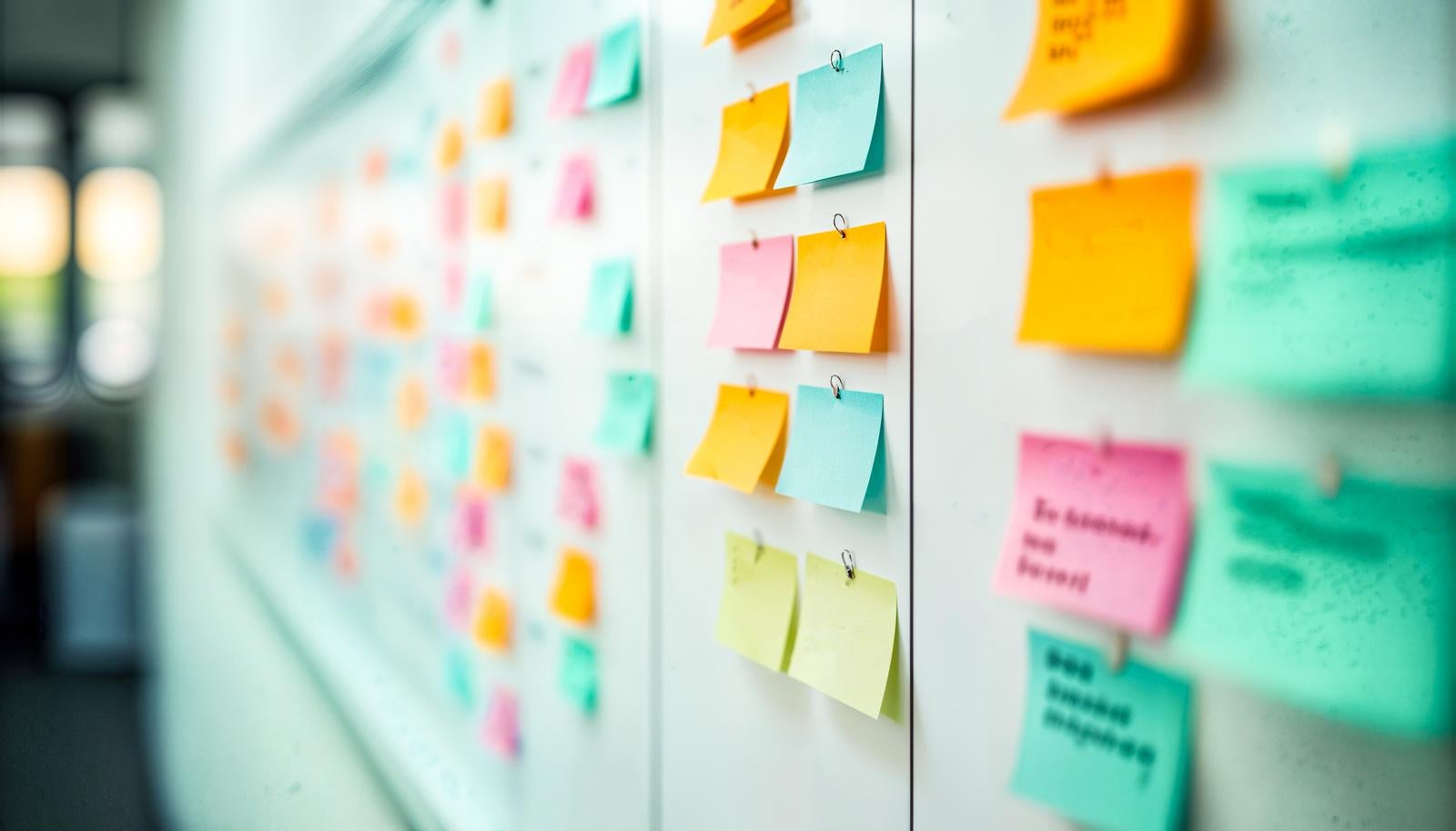 ホワイトボードに色分けされた付箋がグリッド状に貼られたタスク管理ボード