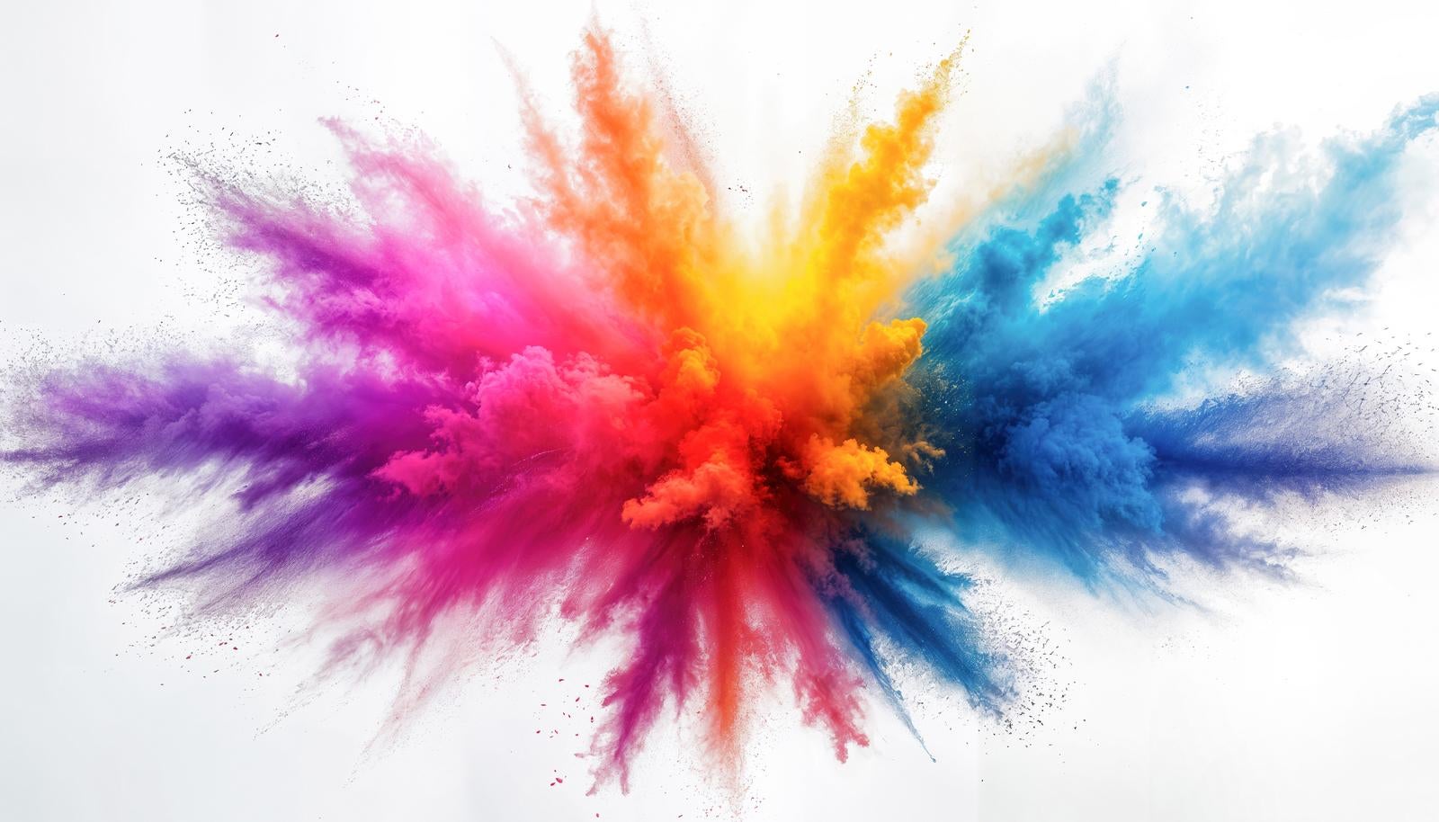 中心から紫、ピンク、黄色などの粉が放射状に爆発して飛び散っている