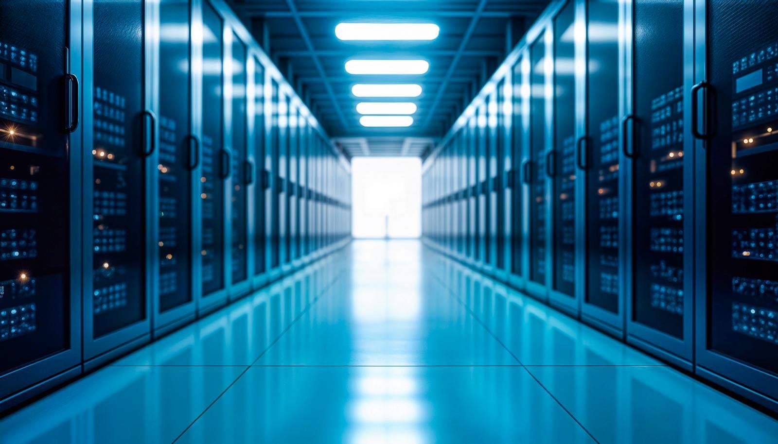 Deep perspective composition of a data center corridor with blue lighting and server racks lined up on both left and right sides