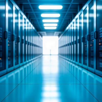 青い照明に照らされたデータセンターの通路の写真