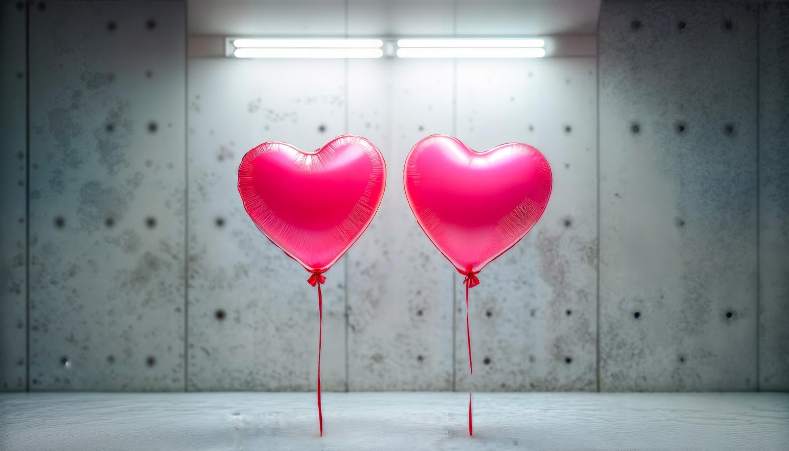 Two pink heart-shaped balloons floating side by side in a sealed room with exposed concrete walls