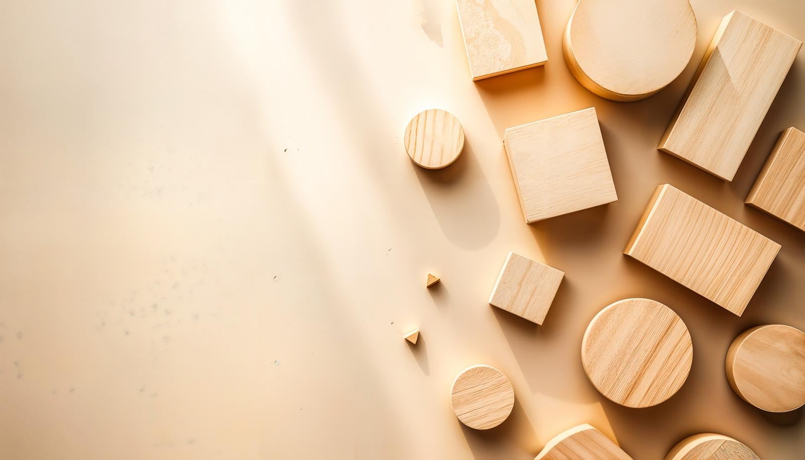 Overhead AI-generated image of round and square wooden building blocks scattered on a beige background