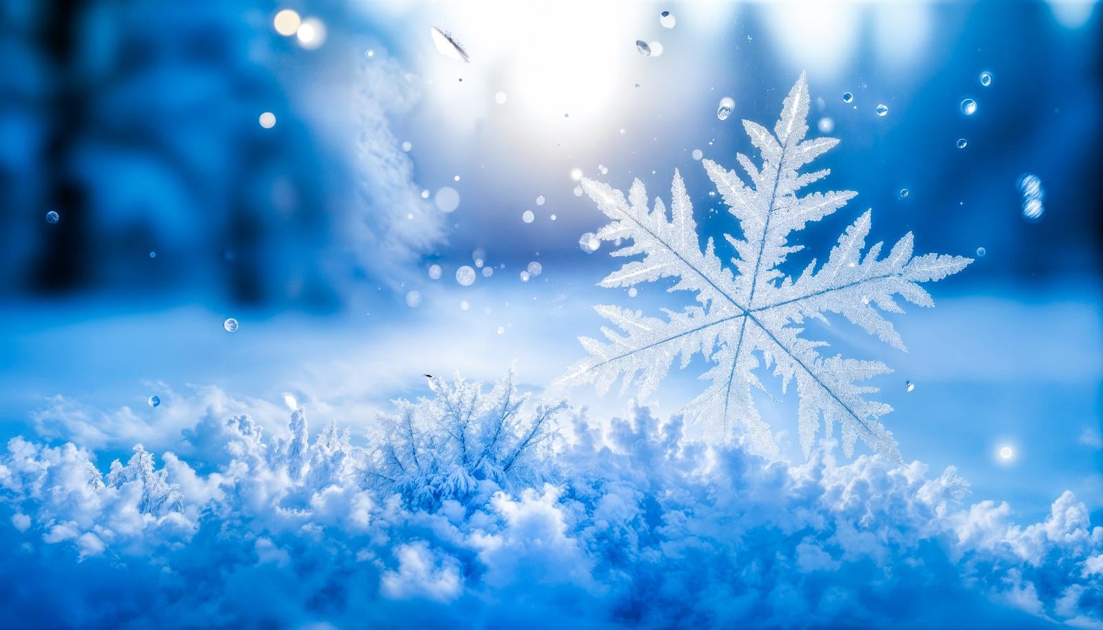 AI-generated macro photograph of hexagonal dendritic snow crystals standing on accumulated snow