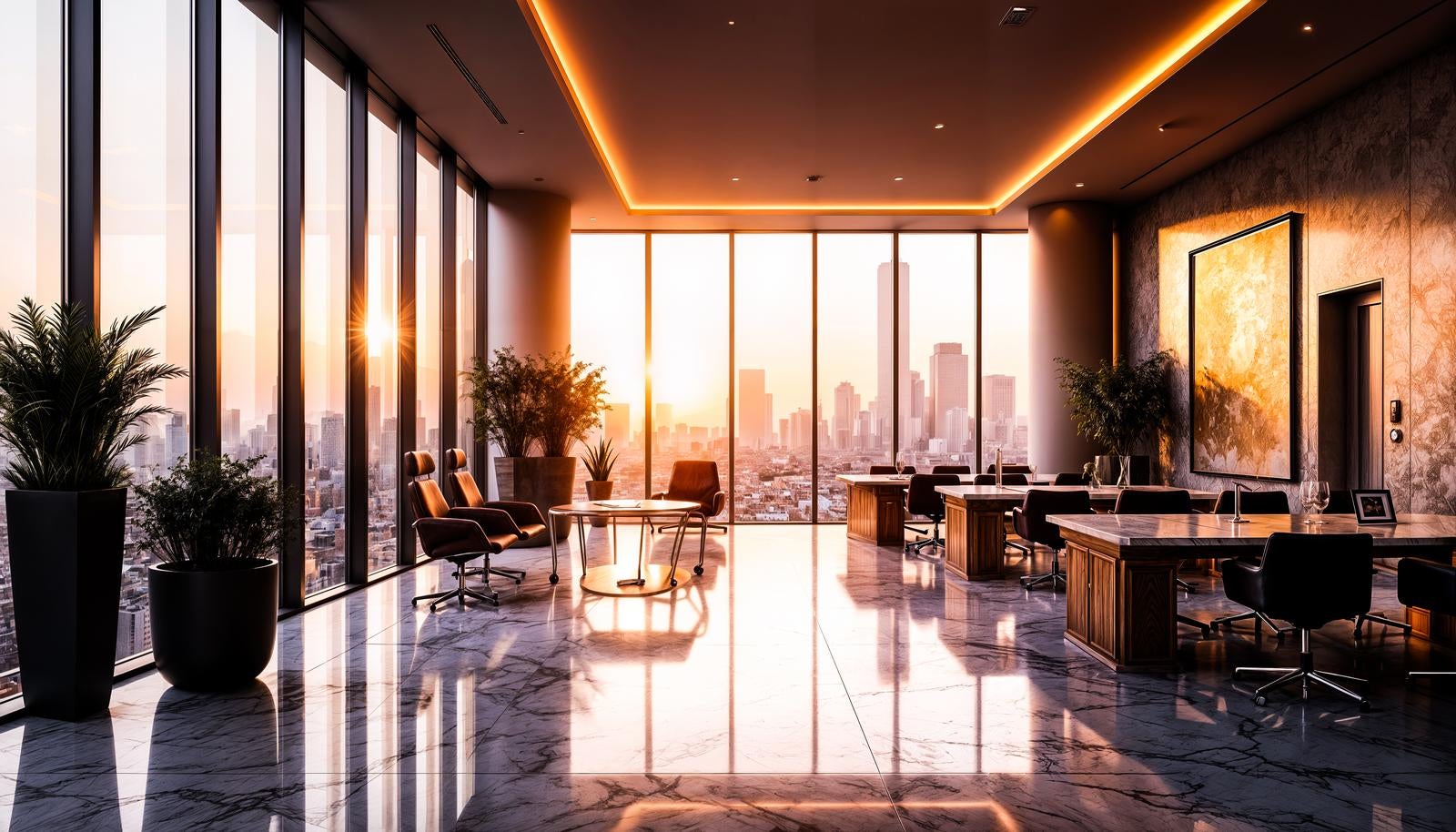 全面ガラス窓から夕日が差し込む高層階のホテルラウンジと大理石の床