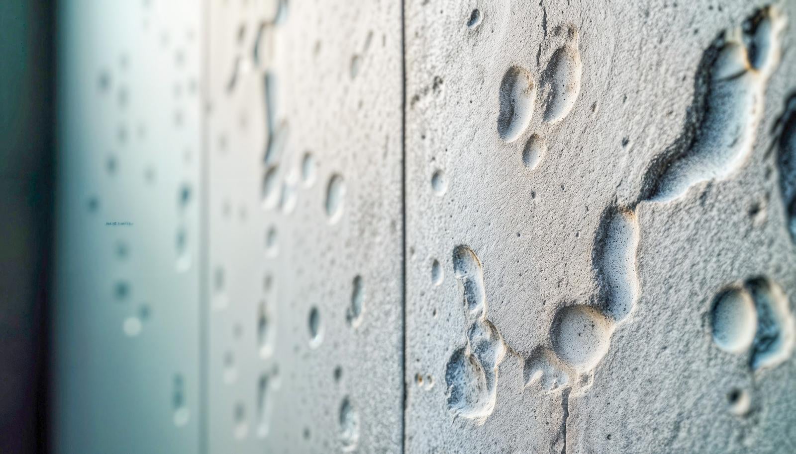 AI image of macro photography showing large and small bubble marks remaining on the surface of a concrete wall