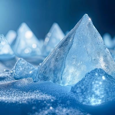青い光に照らされた氷の結晶の写真