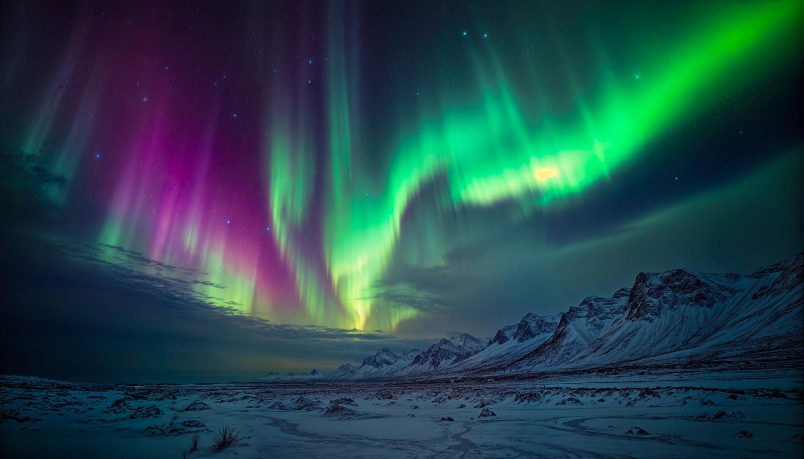 Green Aurora Borealis (Ouro-ra) spreading widely over the snowy mountains and snowy plain under the winter night sky