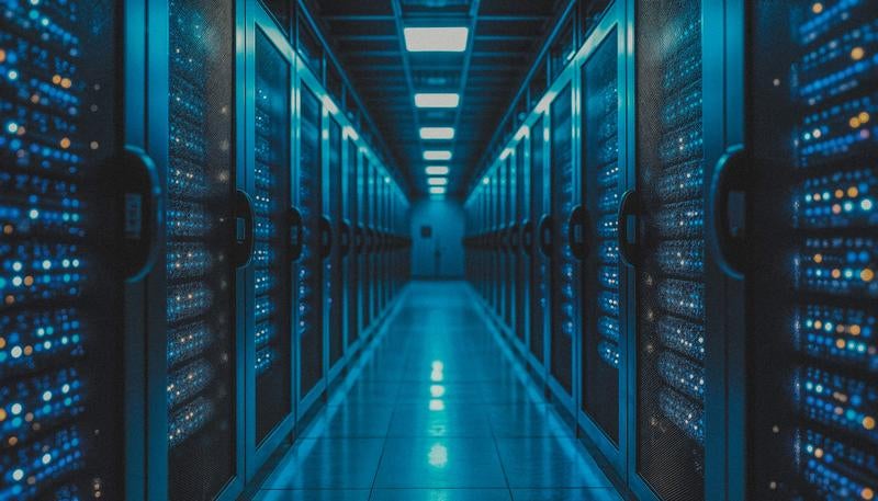 青いLED照明で照らされたサーバーラックが並ぶデータセンターの通路