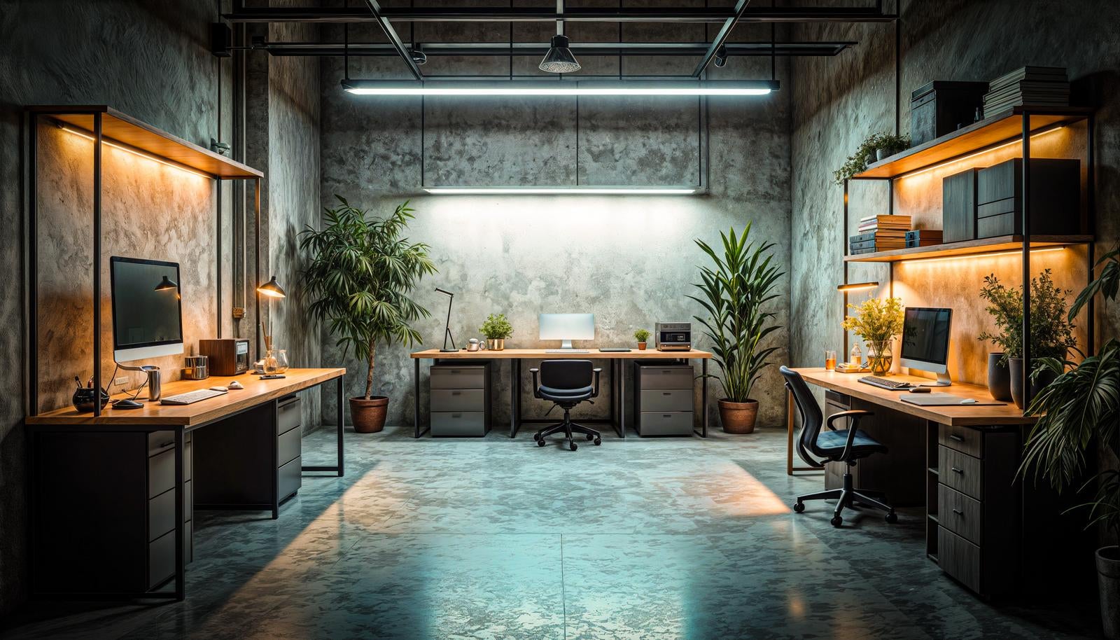 コンクリート壁に囲まれたインダストリアルなコワーキングスペースにデスクと観葉植物が並ぶ