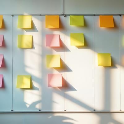 オフィスの掲示板に並ぶ付箋を使った業務連絡の写真