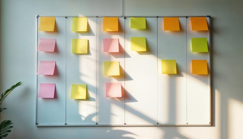 オフィスの掲示板に並ぶ付箋を使った業務連絡の写真