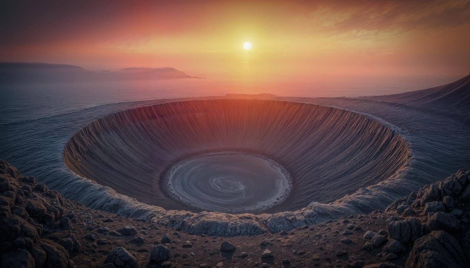 AI-generated image of a giant crater opening on a sunset-lit coast with a swirling water surface at the bottom