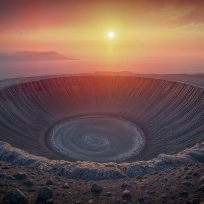 夕焼けに染まる巨大クレーターの写真