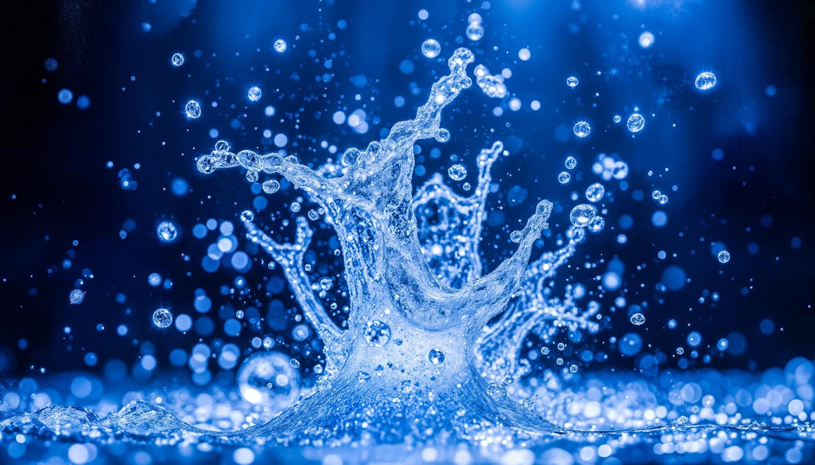 深い青色の背景で水柱が放射状に広がり、水滴と泡が浮遊するスプラッシュシーン