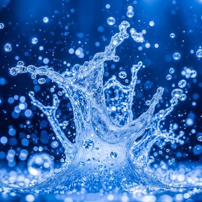 深い青色の背景で水が激しく飛び散るスプラッシュの瞬間の写真