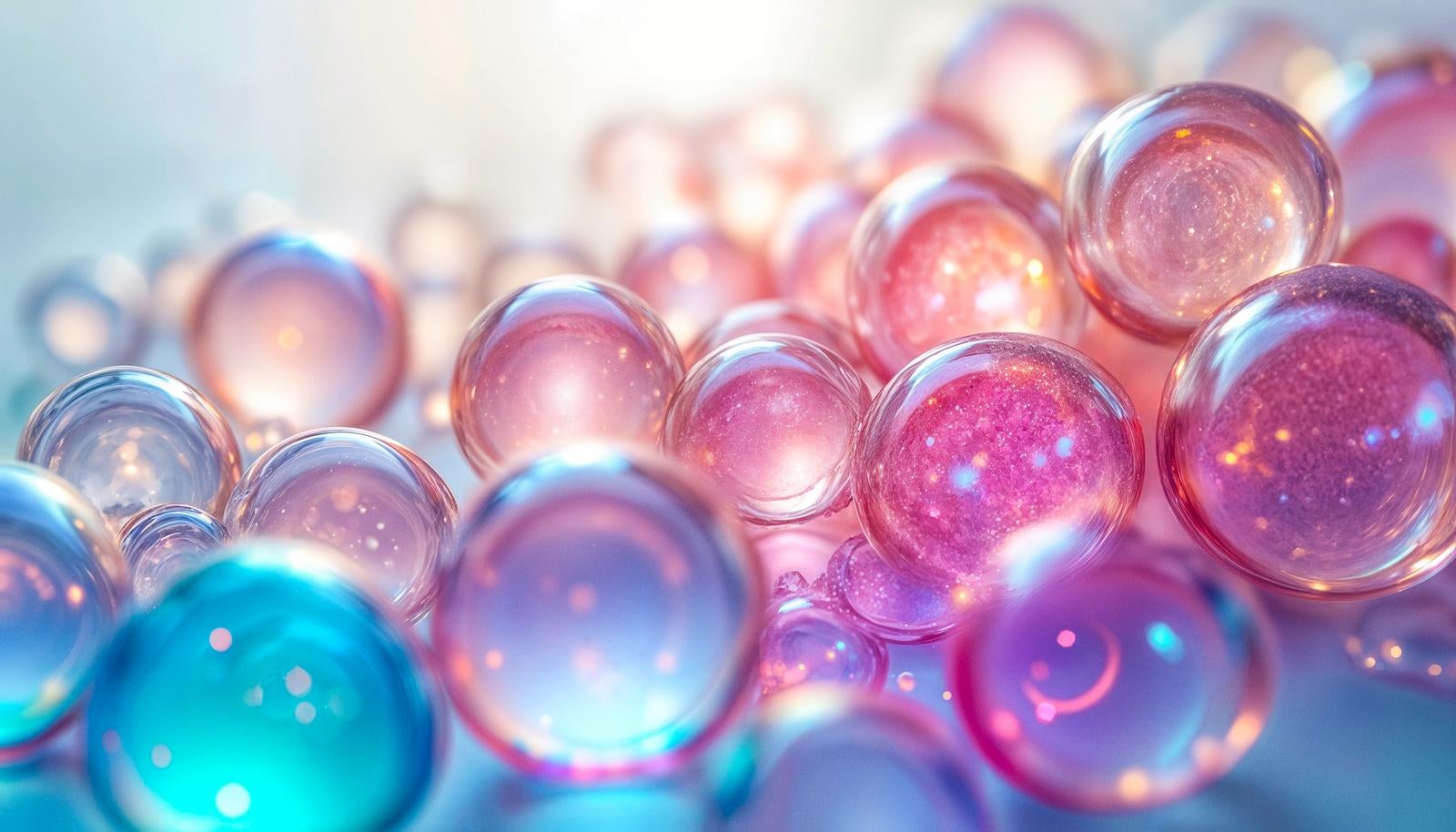 ピンクや水色のパステルカラーの透明な泡がたくさん集まっているマクロ風のAI画像