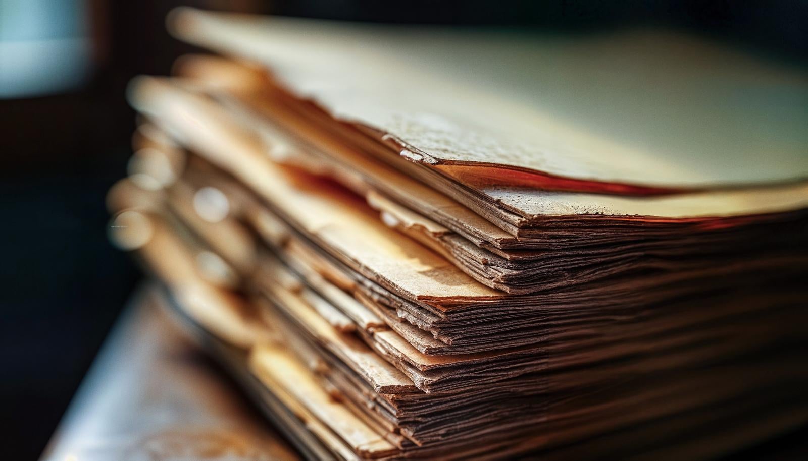 茶色く変色した古い紙束が何枚も積み重なっているクローズアップ