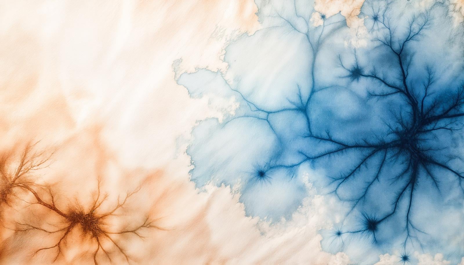 Abstract tie-dye style texture with blue and brown stains spreading in dendritic patterns