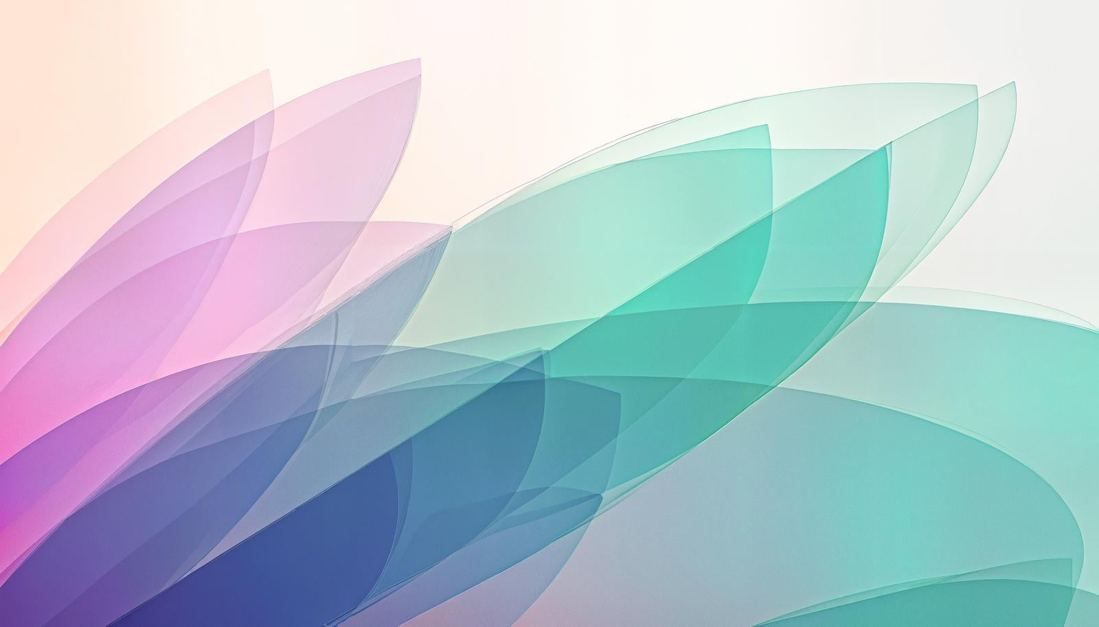 ピンクとミントグリーンの半透明な葉型が重なり合うパステルカラーの抽象テクスチャー